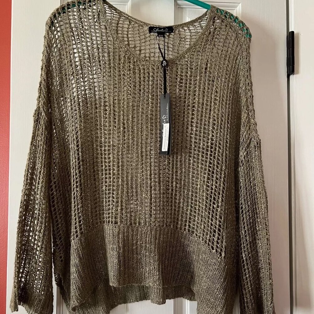 Charlie B. Women's Open-Weave Oversized Knit Tunic Sweater Sage NWT M/M